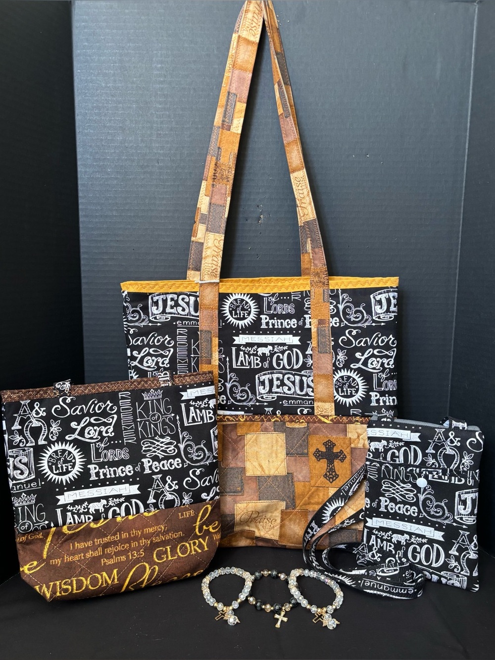 QUILTED HANDMADE CHRISTIAN TOTE BAG & SMALL TOTE BAG PHONE POUCH W/BRACELETS.